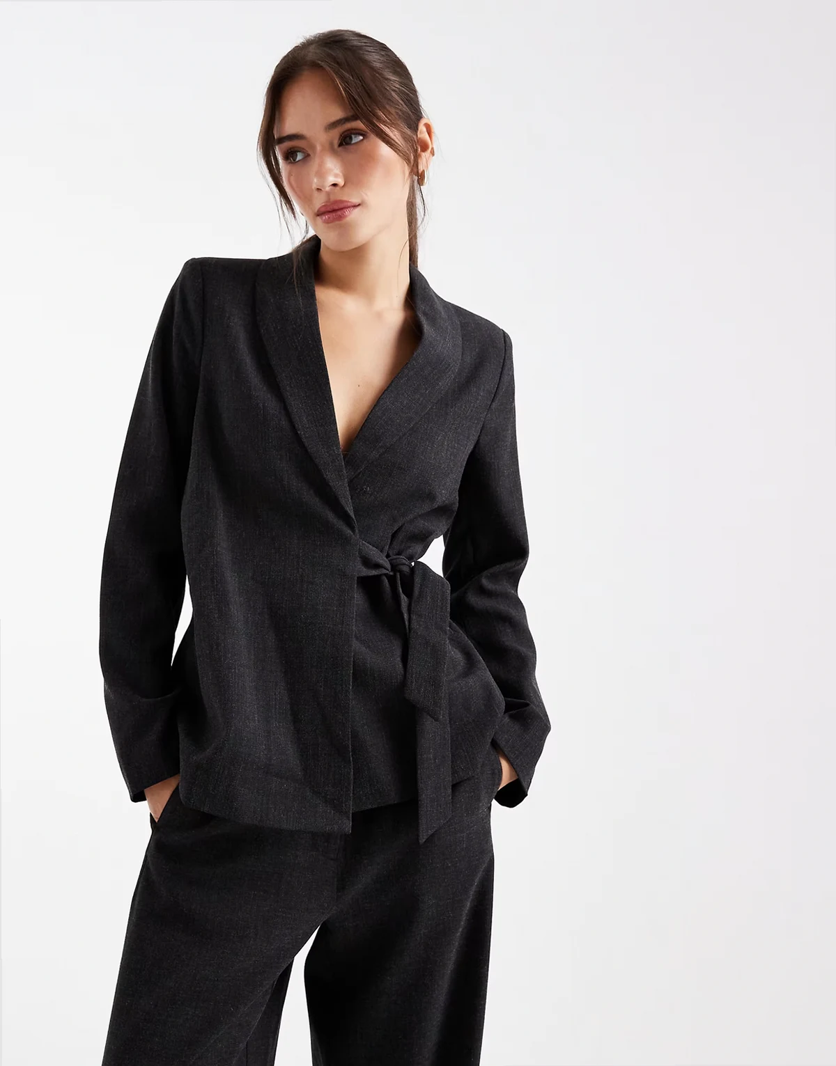 tailored tie side blazer in dark heather gray - part of a set