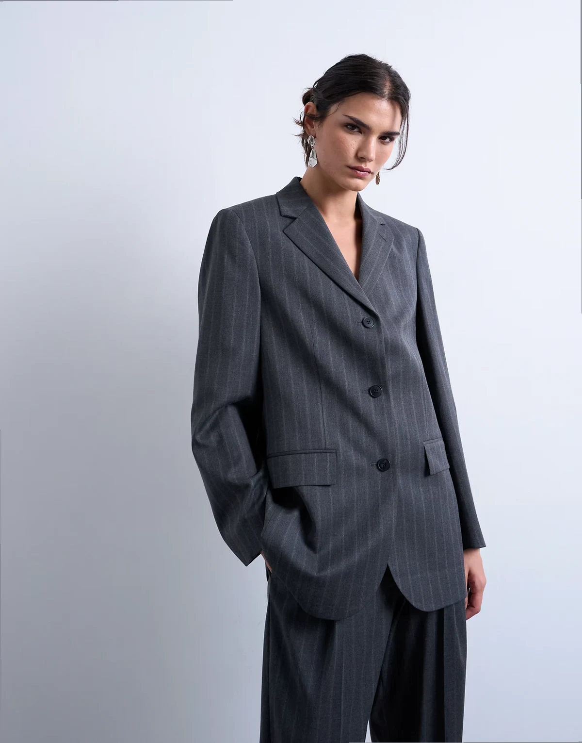 3 button menswear inspired blazer in charcoal pinstripes - part of a set