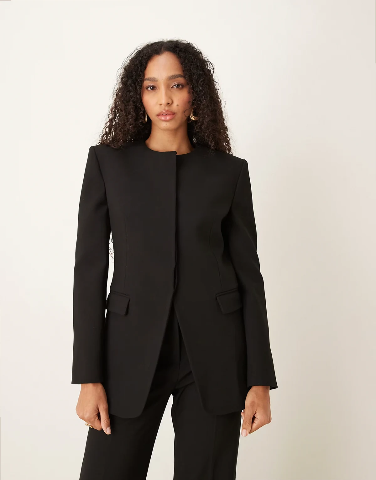 Capsule tailored collarless statement shoulders blazer in black - part of a set