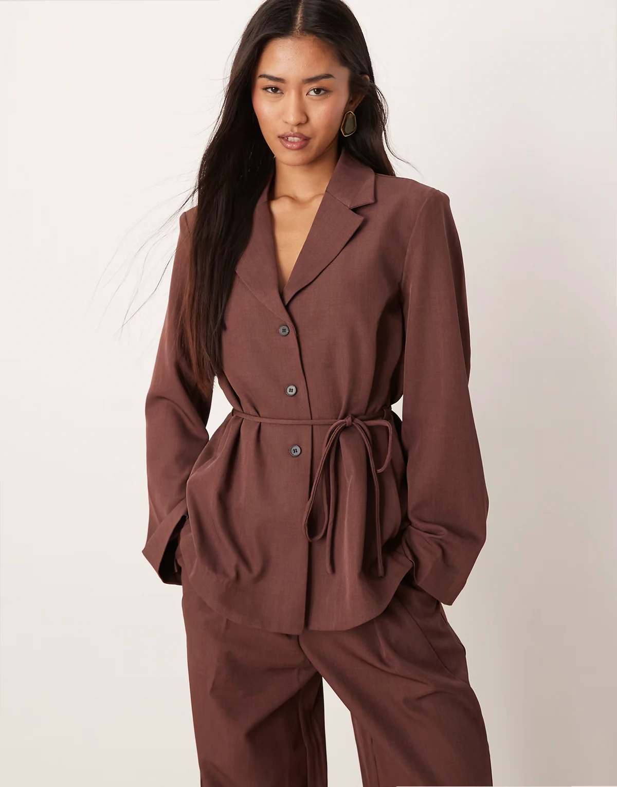 tie waist blazer in burgundy melange - part of a set