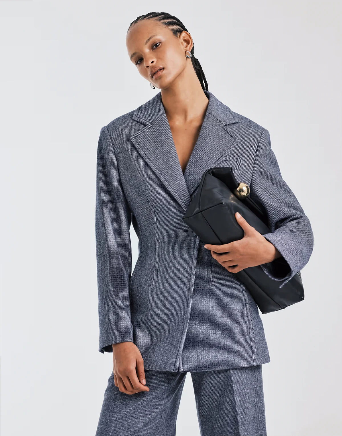wool blend blazer with asymmetric cinch waist in dusty blue - part of a set