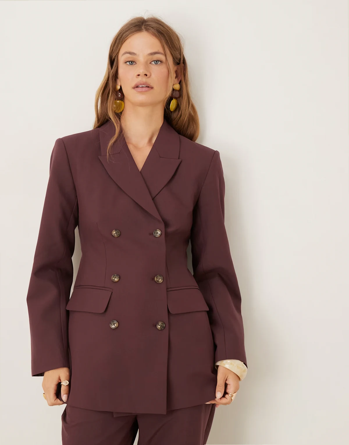 tailored double breasted relaxed blazer suit in plum