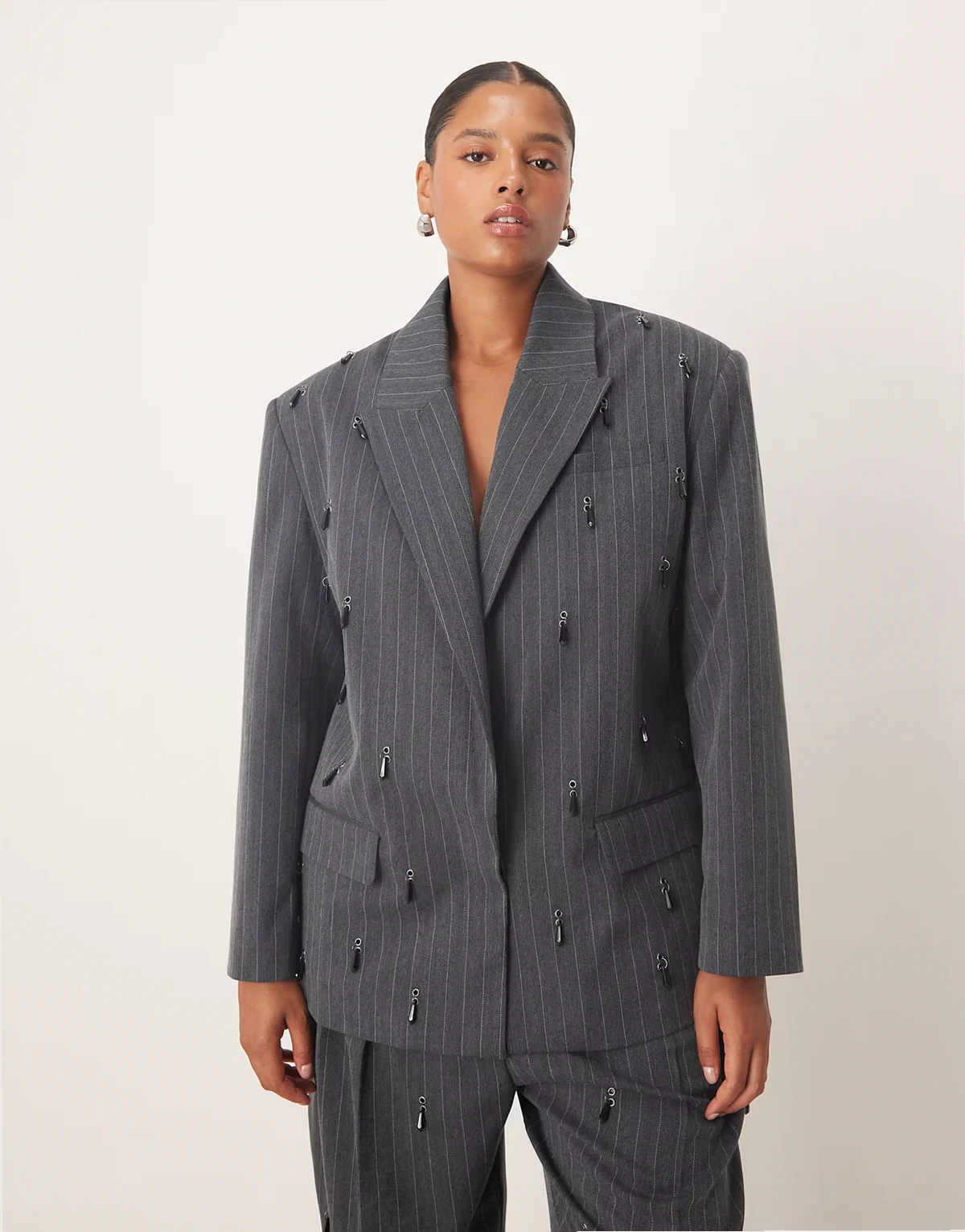Curve tailored embellished oversized blazer in gray pinstripe