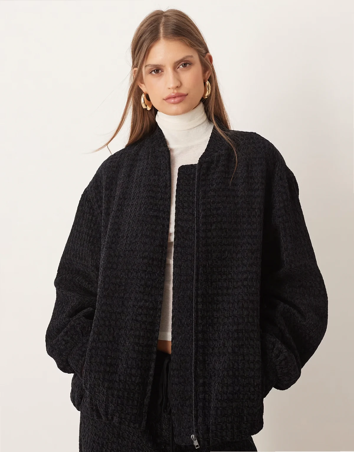 oversized boucle bomber jacket with wrap back in black - part of a set