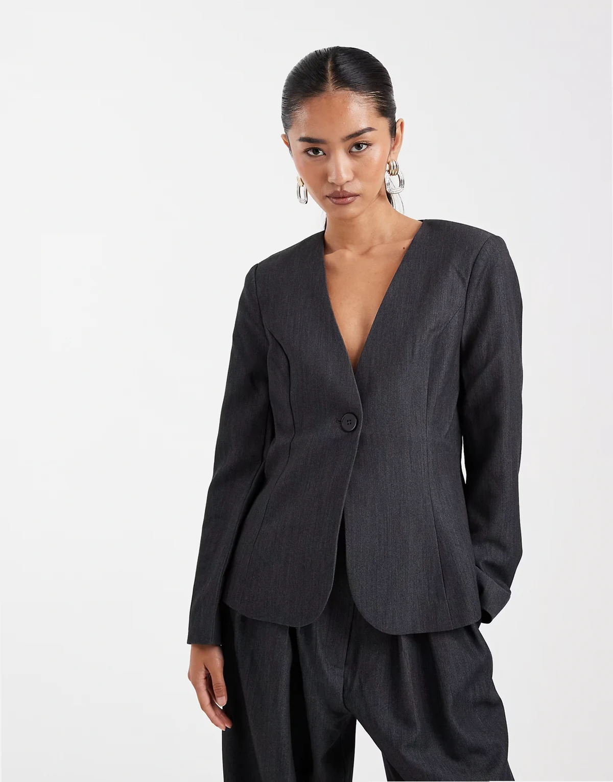 clean collarless tailored blazer in dark gray melange - part of a set