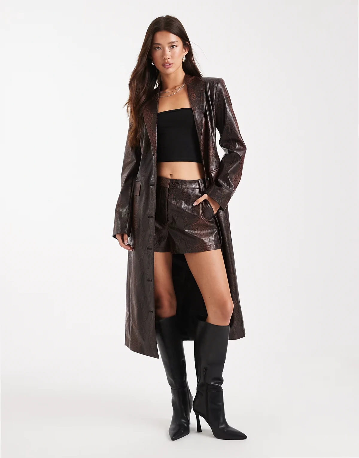 tailored longline faux leather blazer in brown snake - part of a set