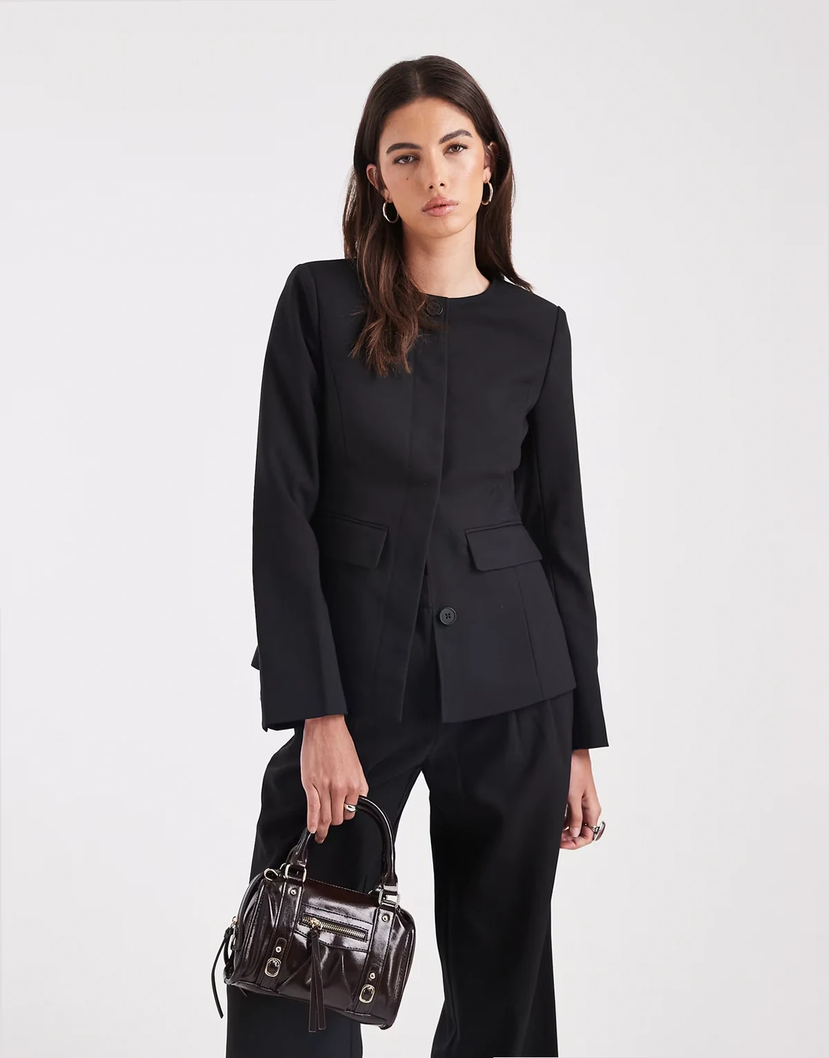 structured collarless fluted sleeve blazer in black - part of a set