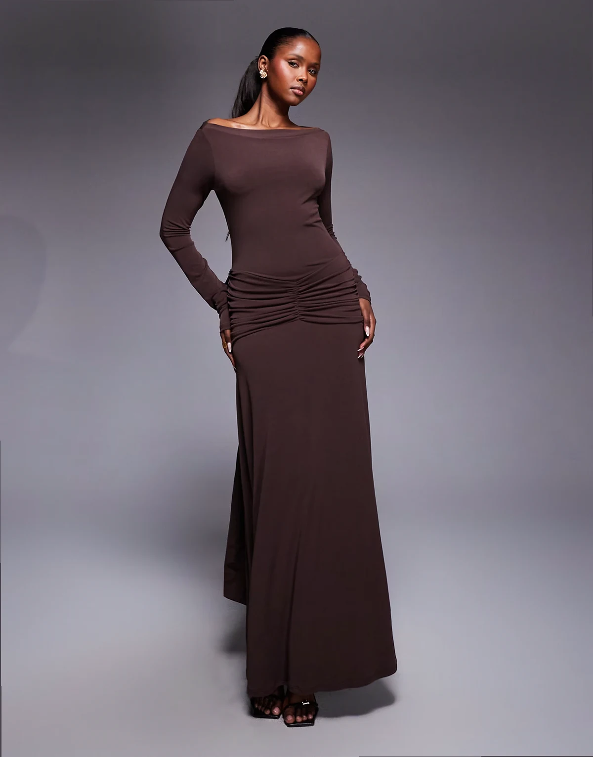 jersey maxi dress with bow back detail in chocolate brown