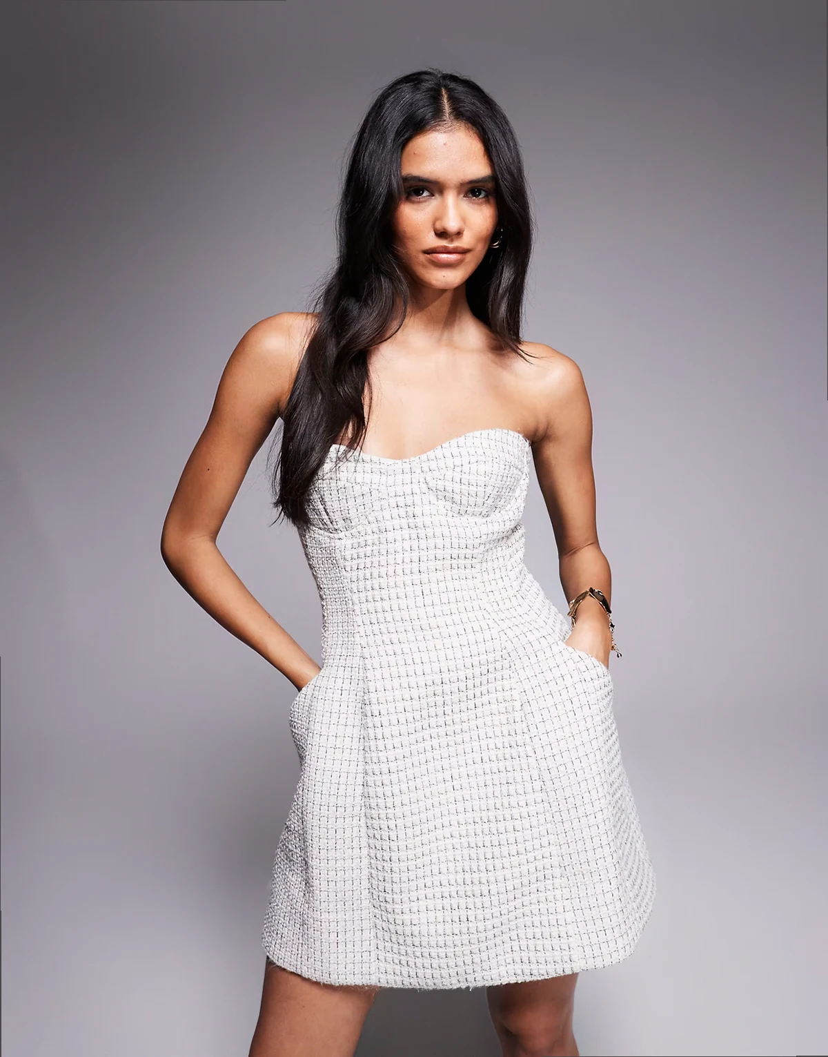 Florine bouclé strapless tailored mini dress in white