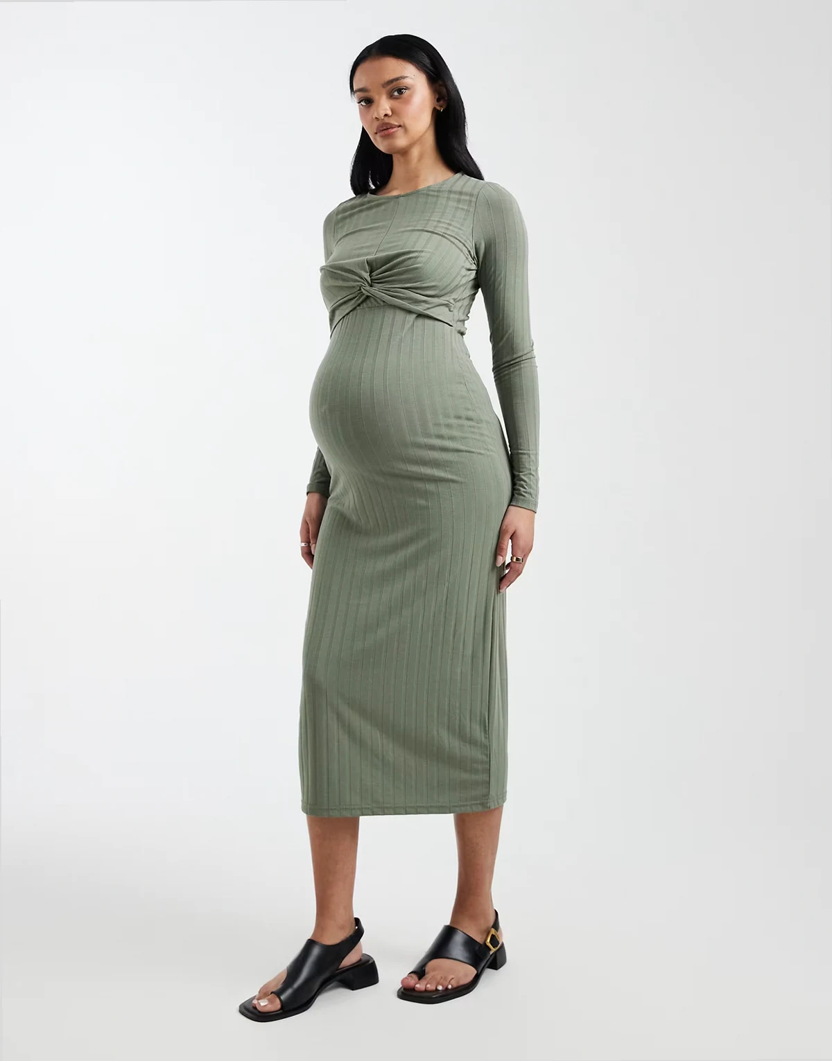 Mamalicious Maternity – Geripptes, langärmliges Midi-Stillkleid in Hellgrün mit zwei Funktionen
