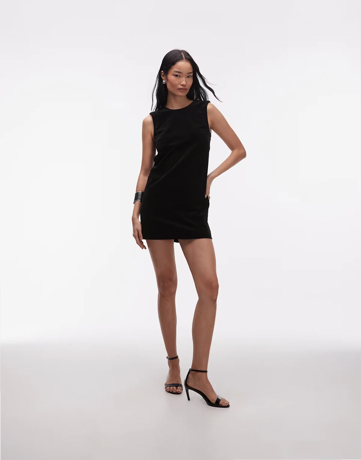 velvet mini dress with low V back in black