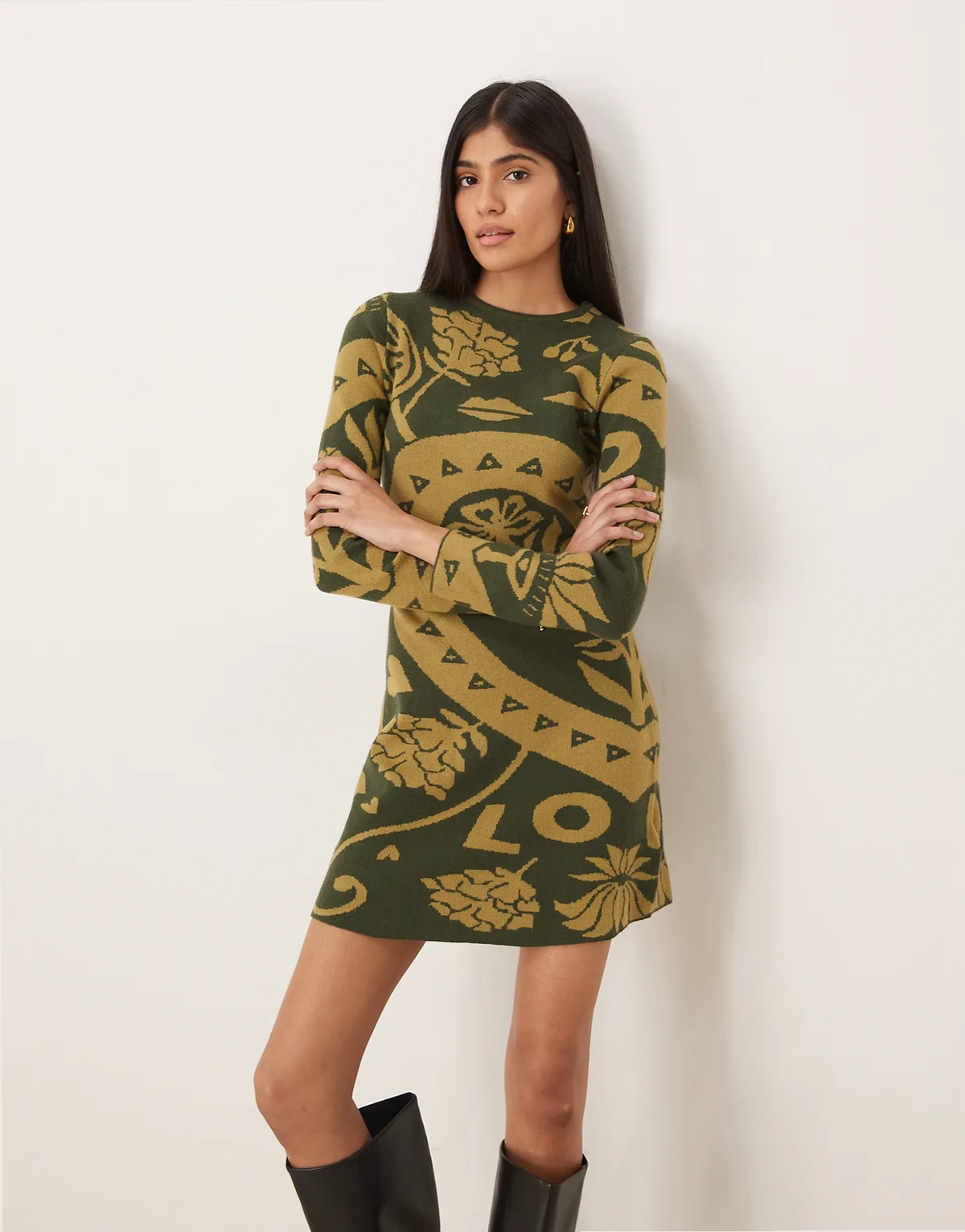 knit mini sweater dress in khaki print - part of a set
