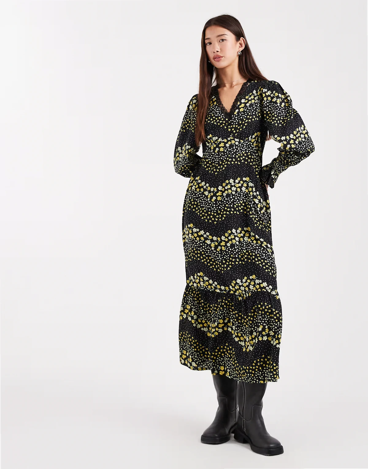 – Langärmliges Midaxikleid in gelb geblümt