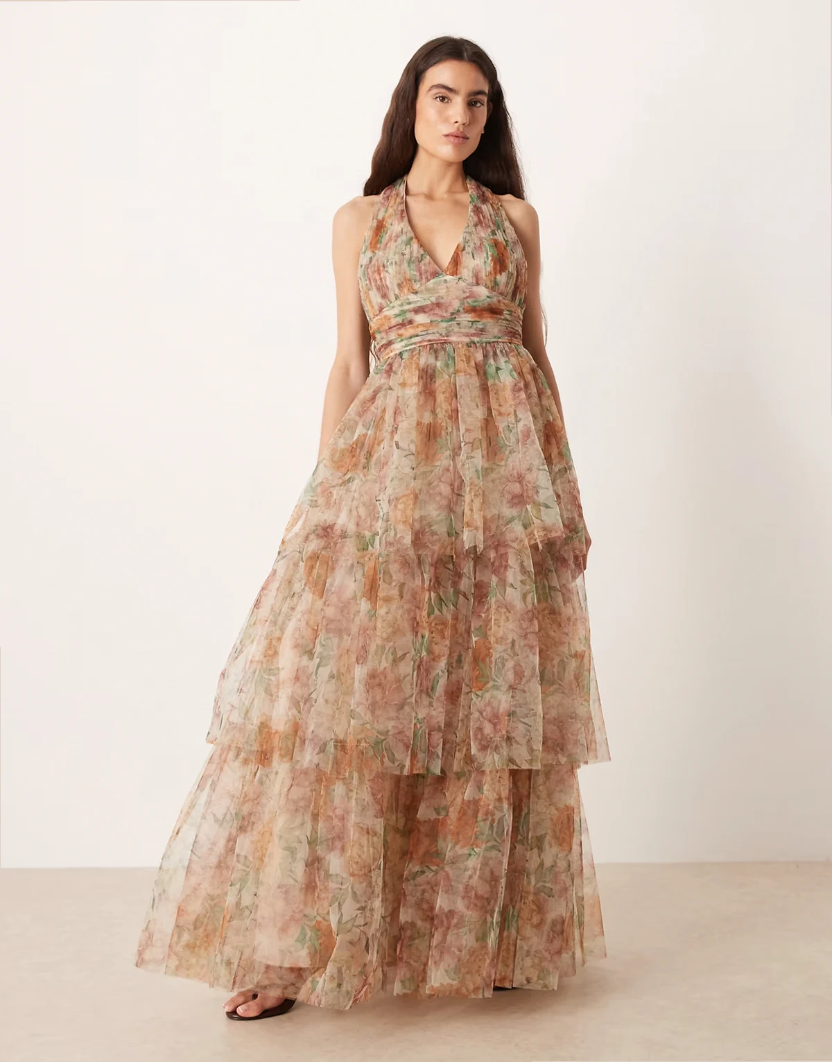 tulle halter neck tiered maxi dress in cream floral