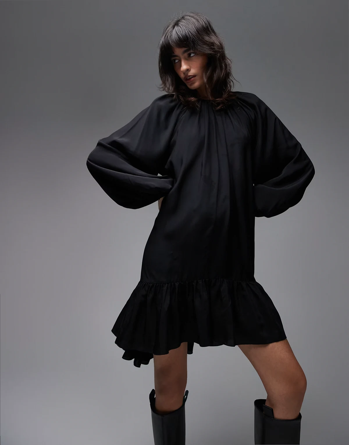 long sleeve floaty midi dress with ruffle detail in black