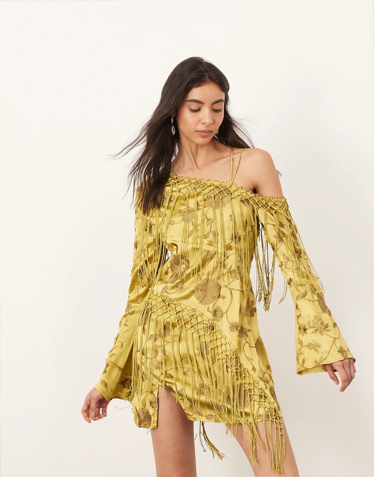 embroidered fringe detail off the shoulder tie back mini dress in olive