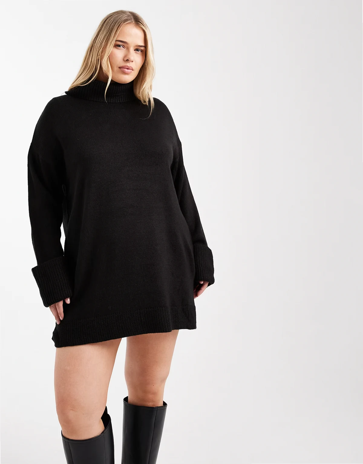 Plus high neck knit sweater dress in black
