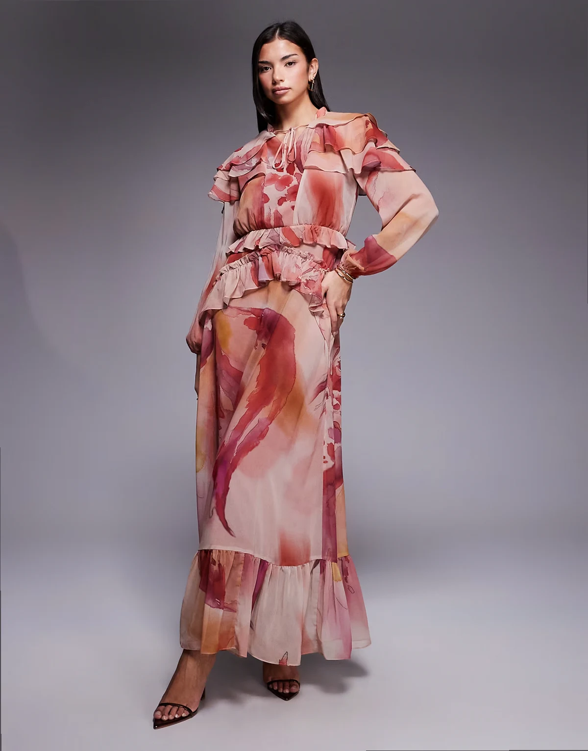 chiffon ruffle caped maxi dress in pink abstract print