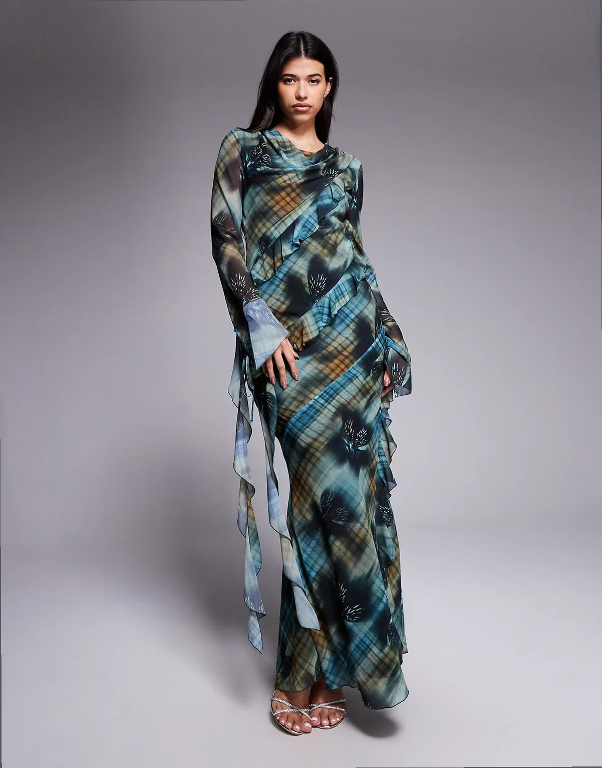 chiffon ruffle maxi dress in tartan print