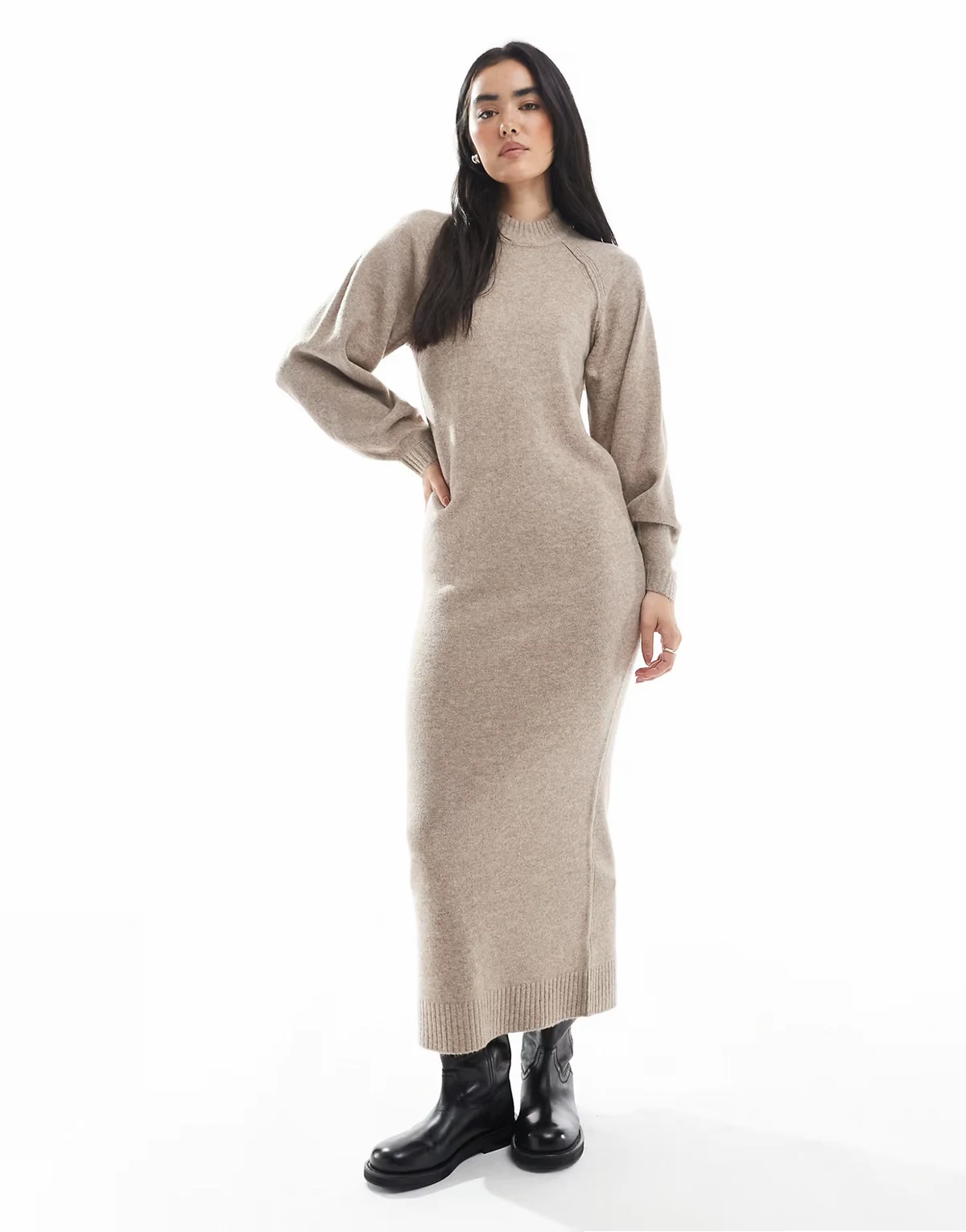 – Maxikleid aus Strickstoff in Hellbeige mit Raglanärmeln