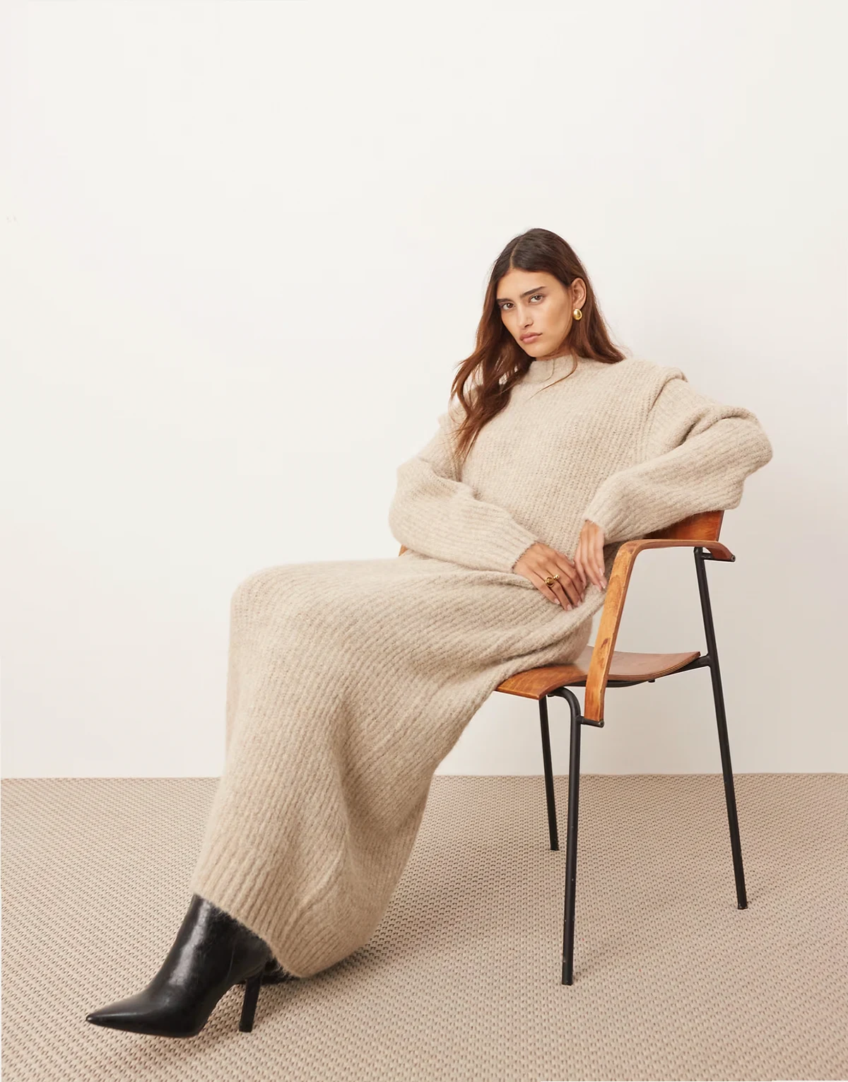 rib knit shoulder pads maxi dress in oat