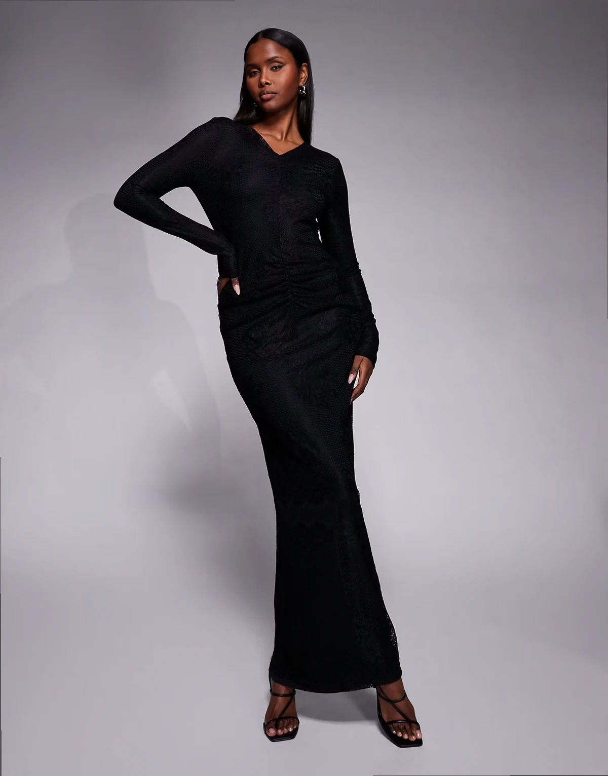 x ASOS Black collection lace maxi dress with gathered waist in black