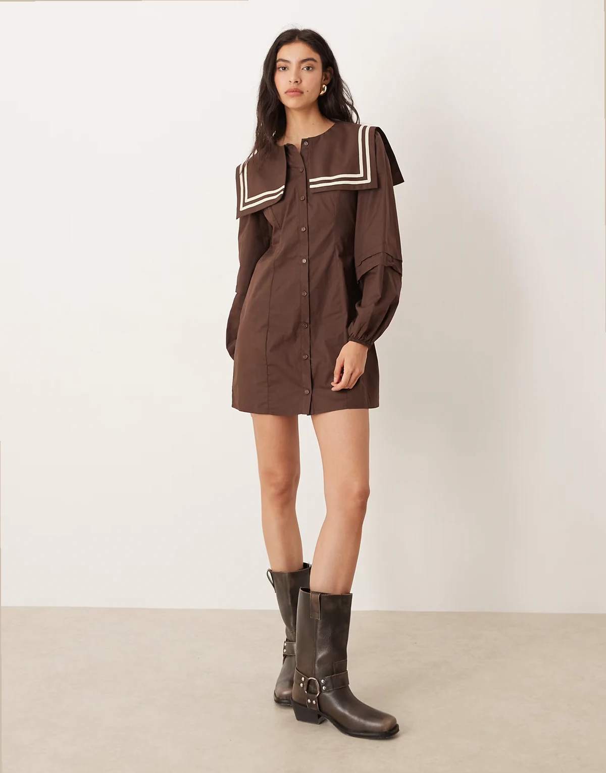square neck collared mini smock dress in brown with ivory trim