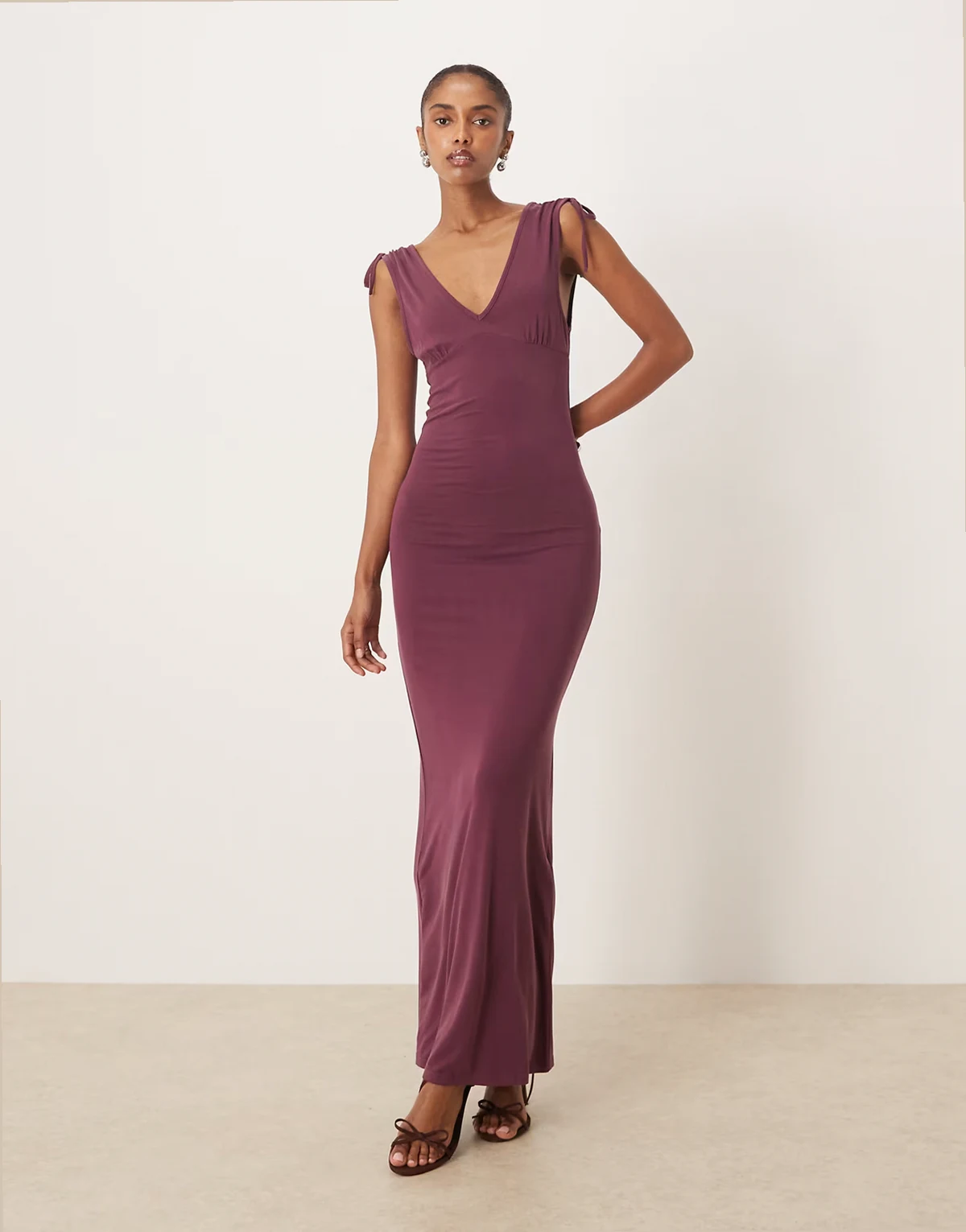 sanyu cupro slinky maxi dress with v back in plum