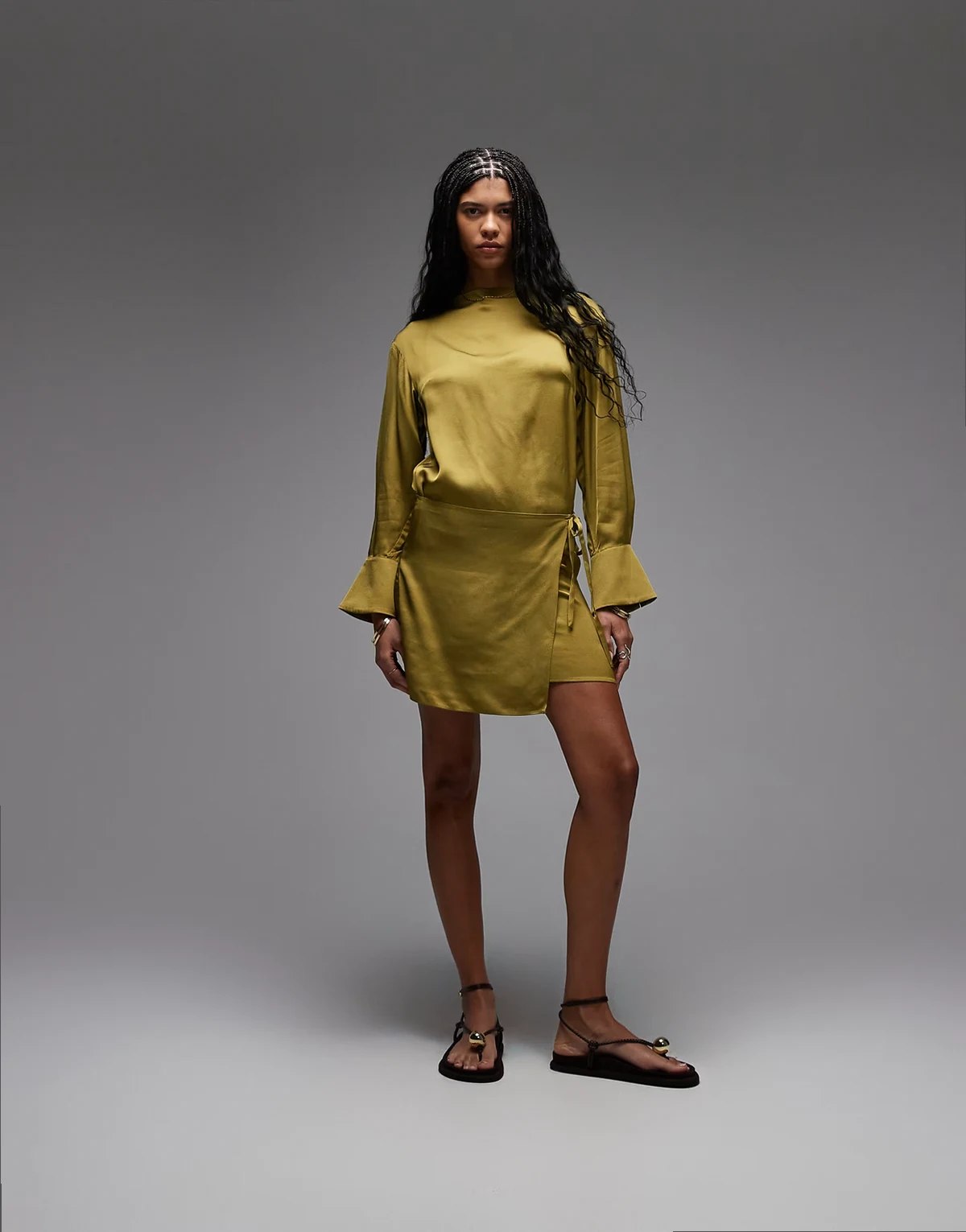 long sleeve mini dress with asymmetric wrap skirt detail in olive green