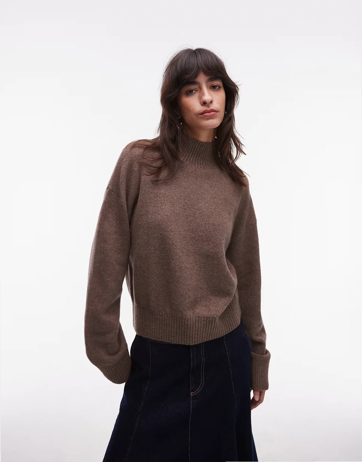 high neck relaxed knit sweater with wide sleeves in light brown