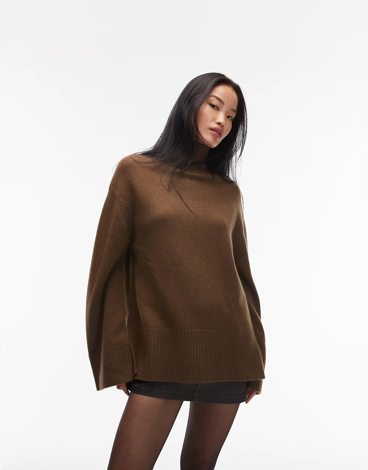 high neck relaxed knit sweater in mocha brown