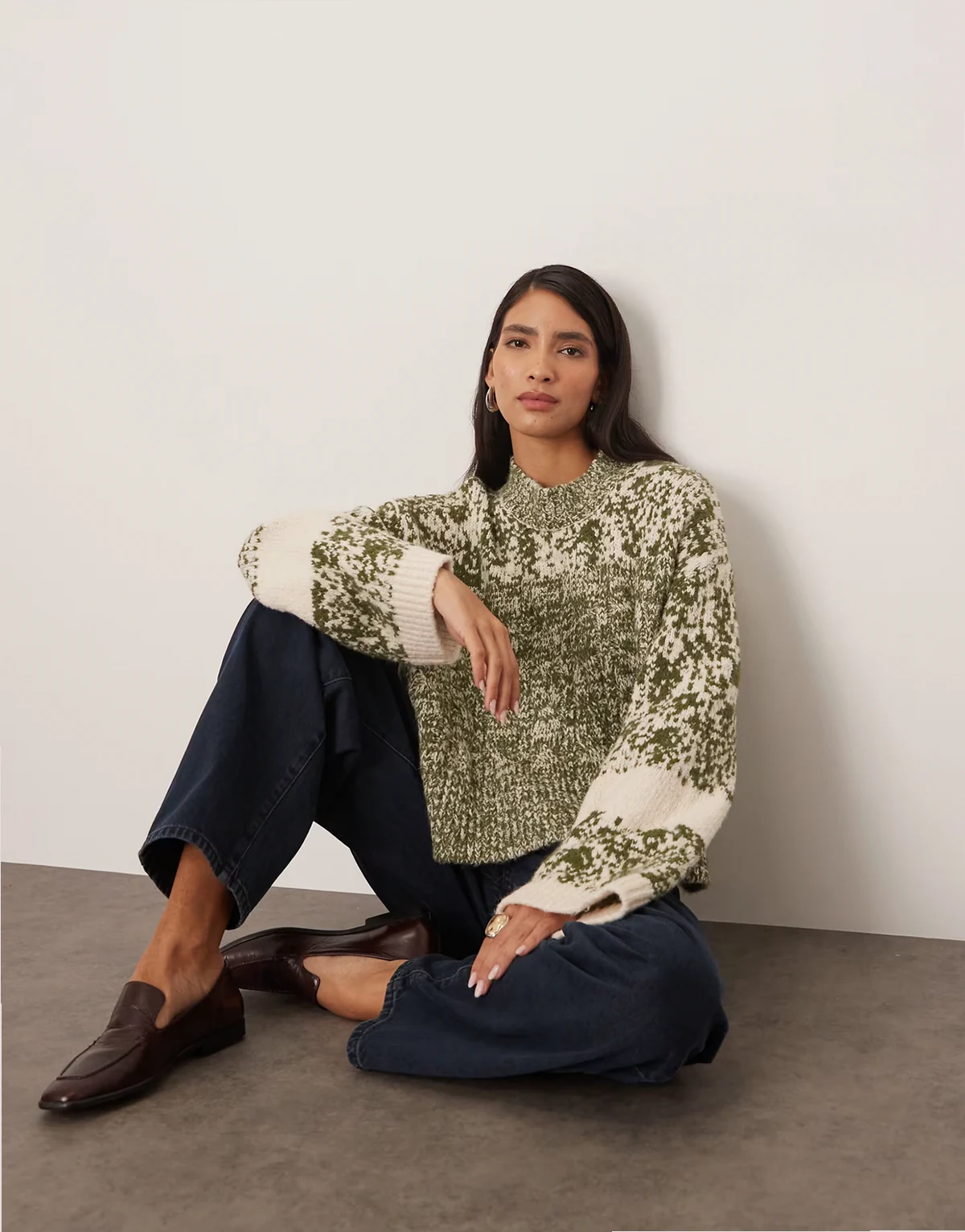 chunky mixed knit sweater in green and cream