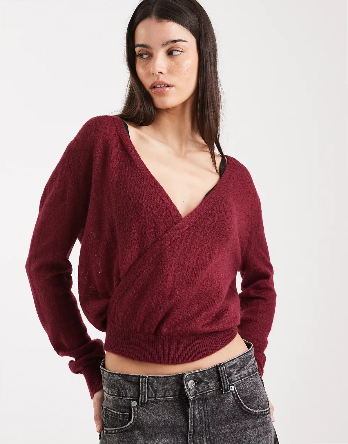 Saroya plunge wrap knit top in wine
