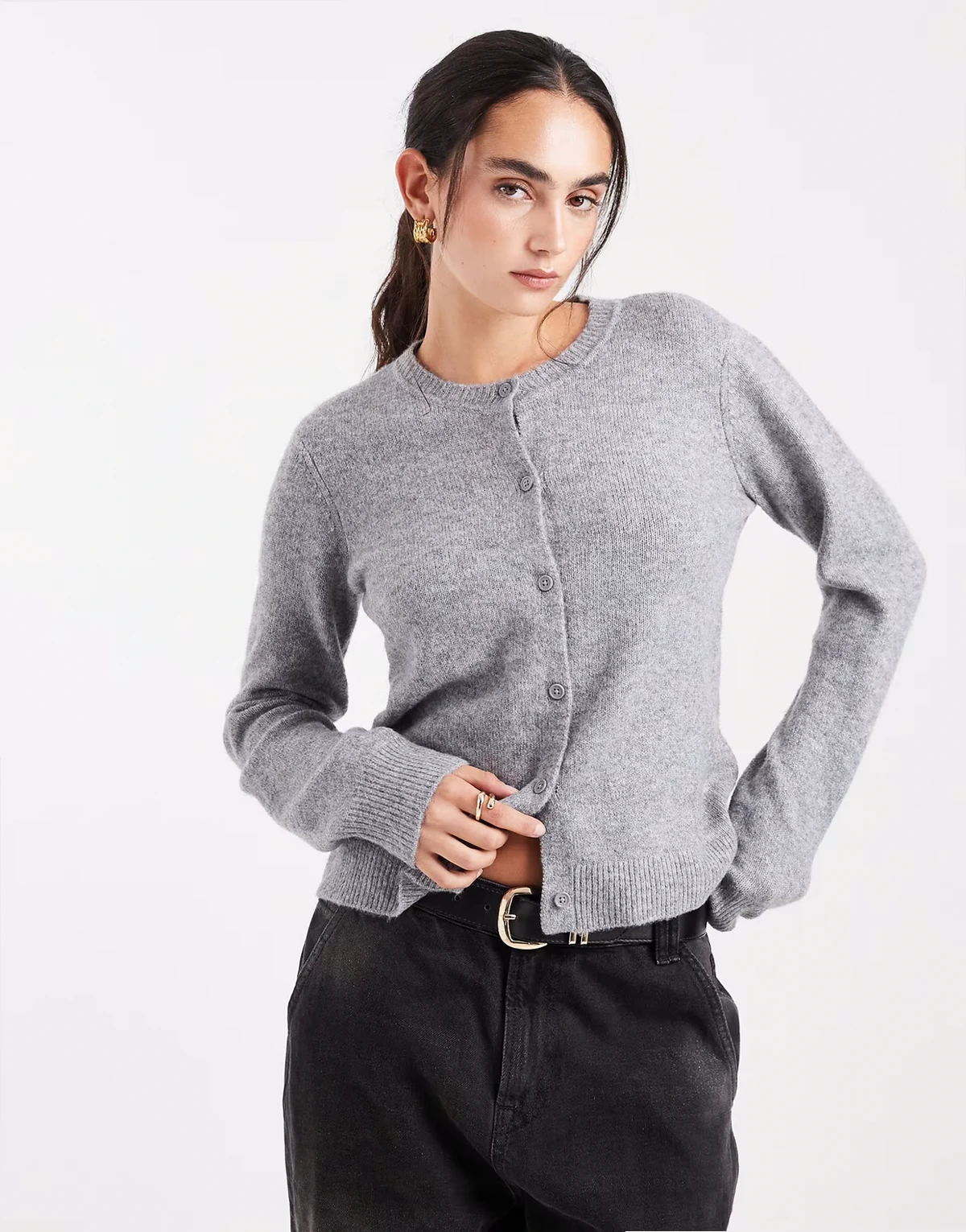 – Strickjacke in mittelgrau meliert