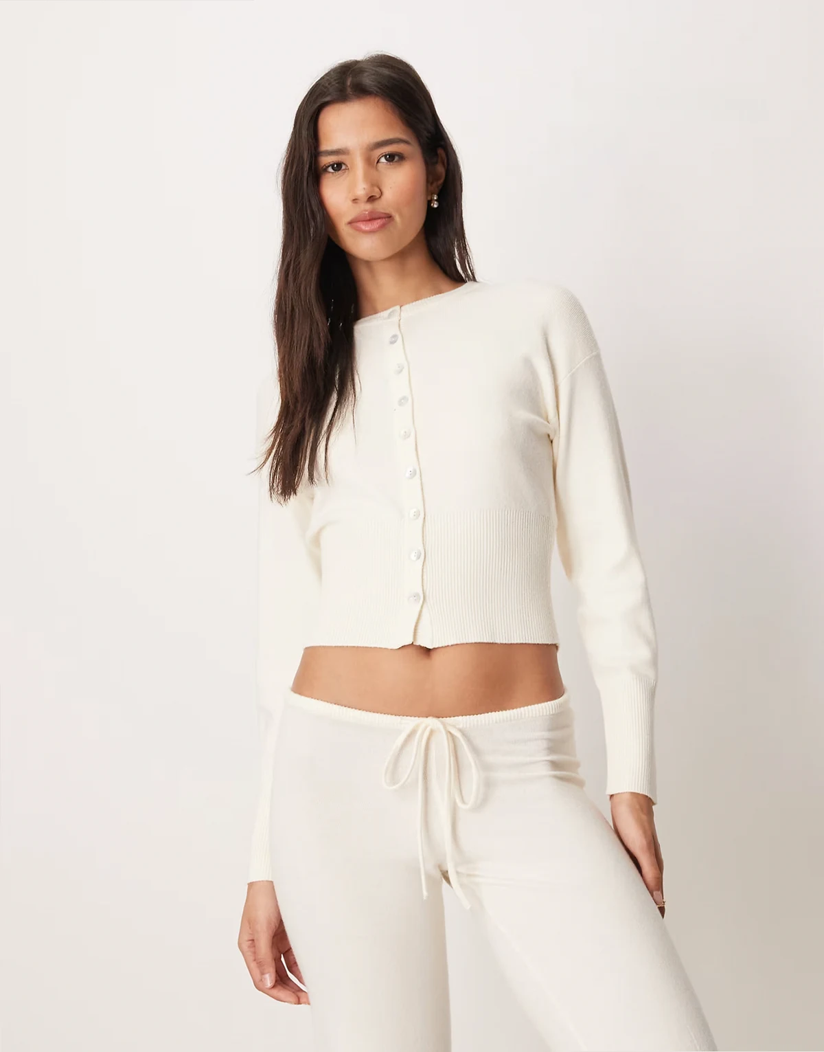 long sleeve fitted fine knit cardigan in cream - part of a set
