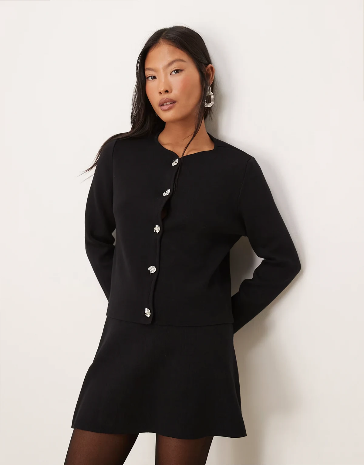 ribbed cardigan with hammered silver-tone buttons in black - part of a set