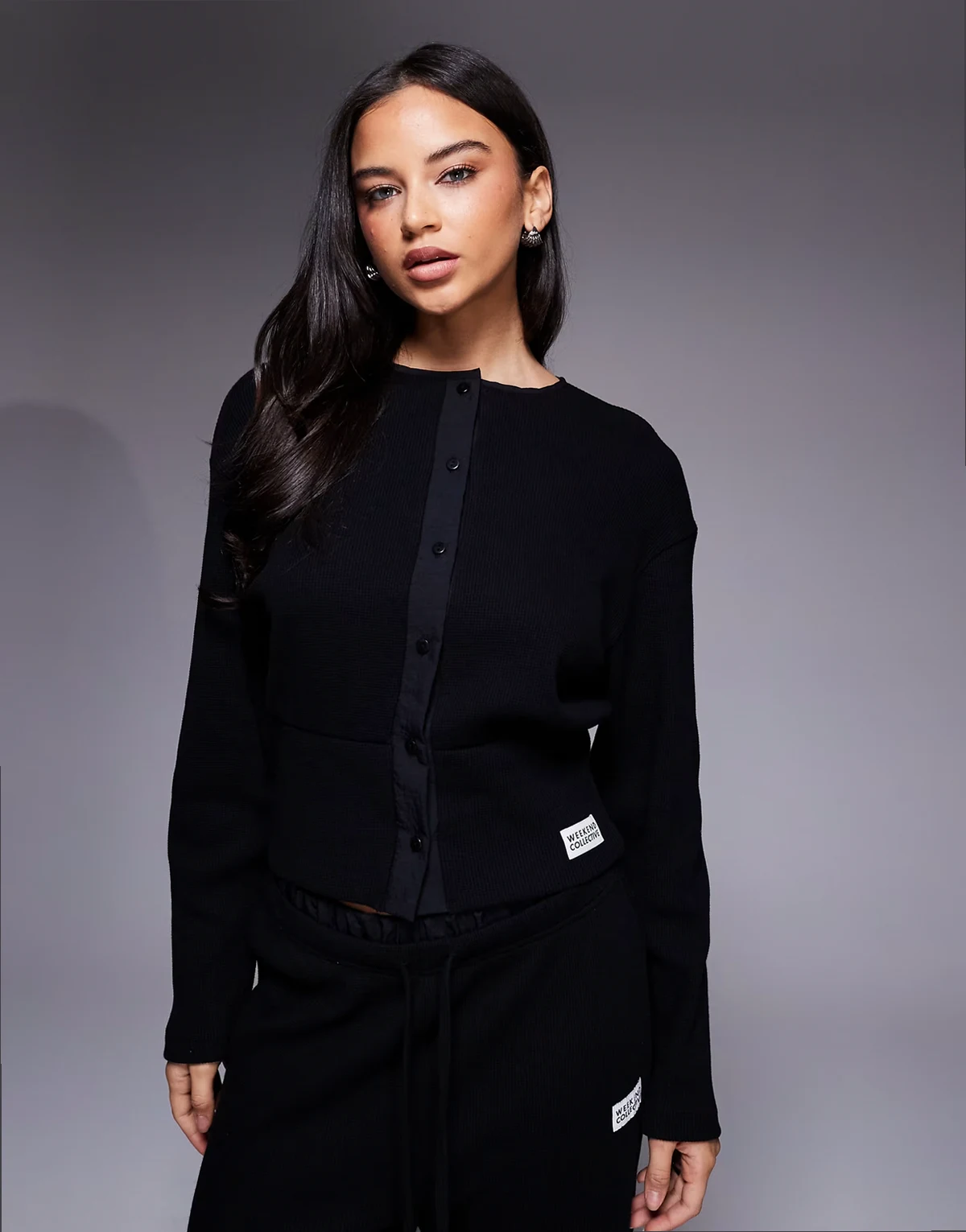 Weekend Collective cinched waist waffle knit cardigan in black - part of a set