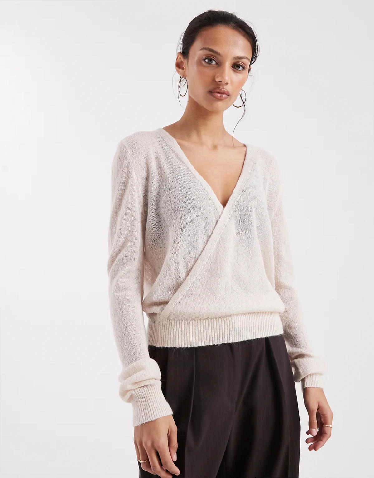 Saroya plunge wrap knit top in ecru