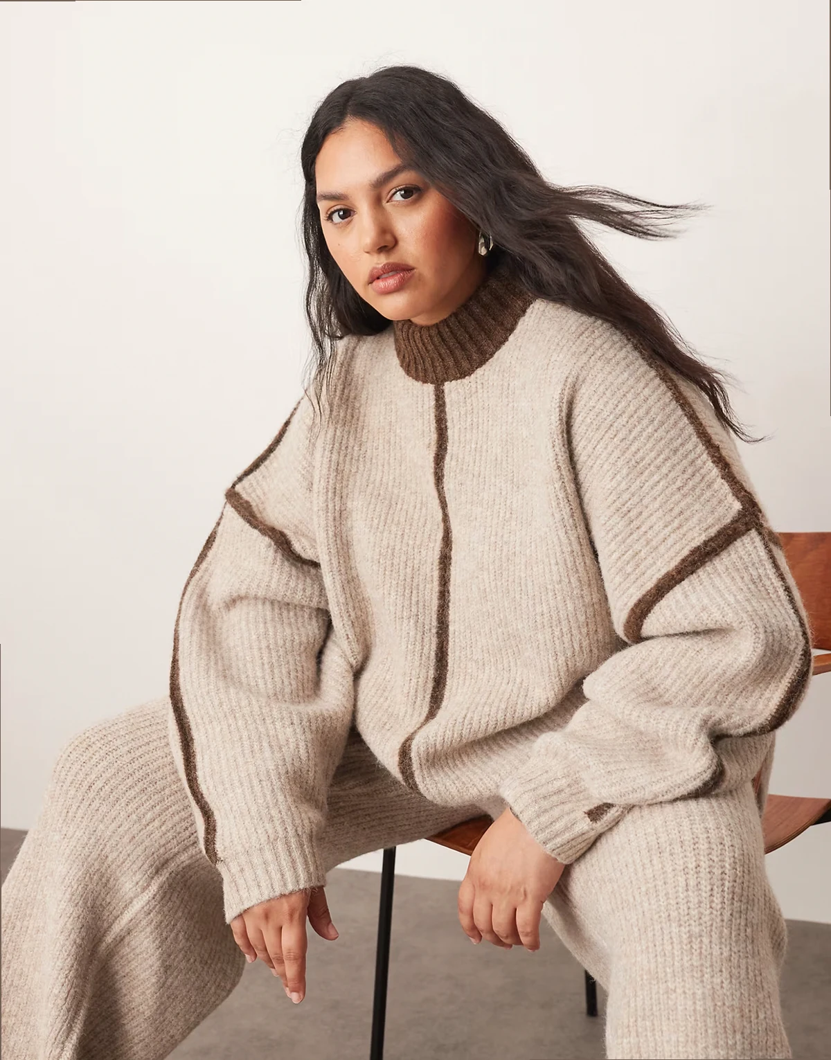 Curve thick ribbed knit high neck sweater with contrast in oatmeal and chocolate - part of a set