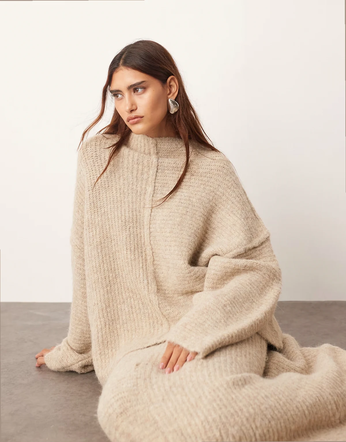 contrast stitch knit exposed seam sweater in taupe - part of a set
