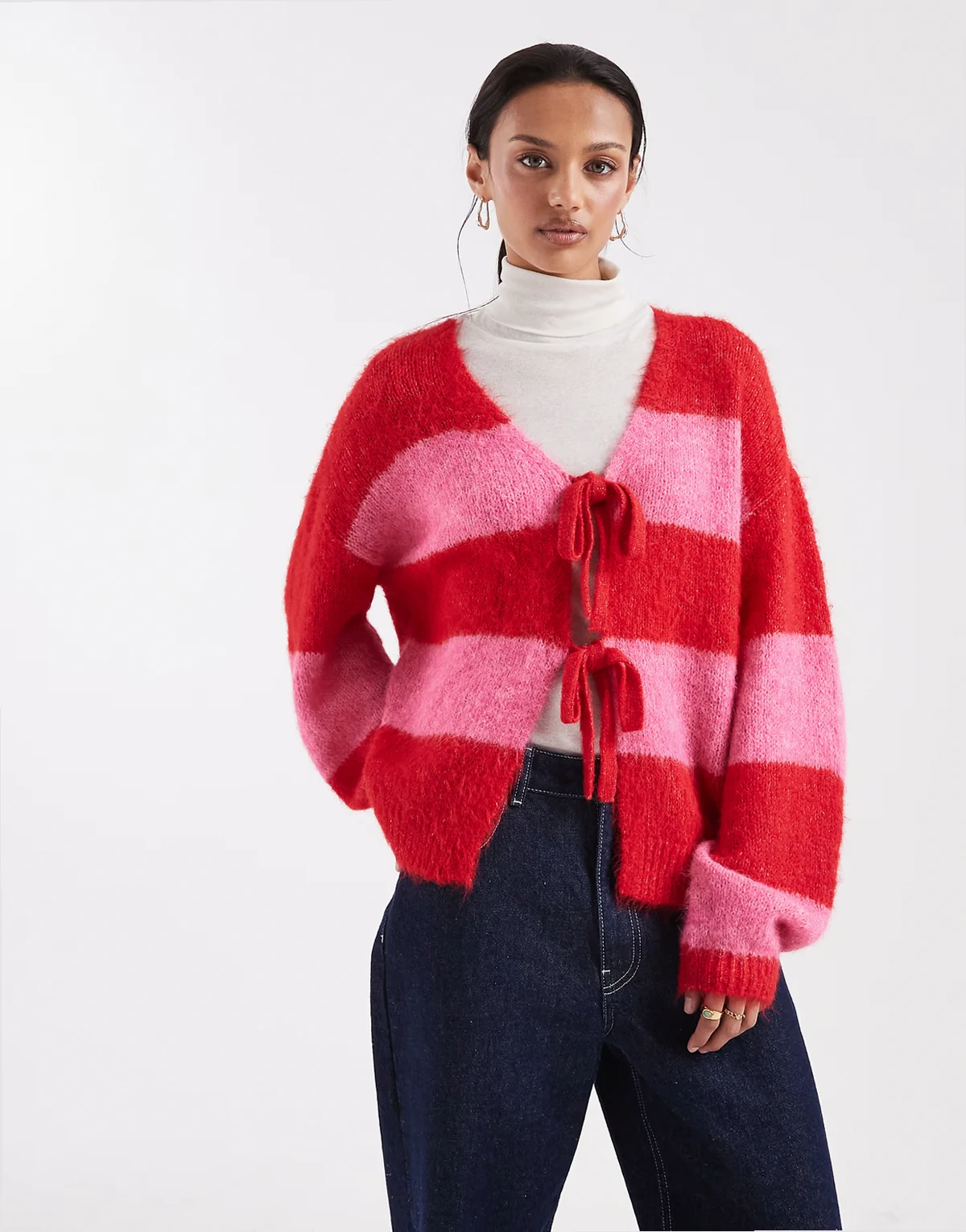 tie front knit cardigan in red and pink stripes