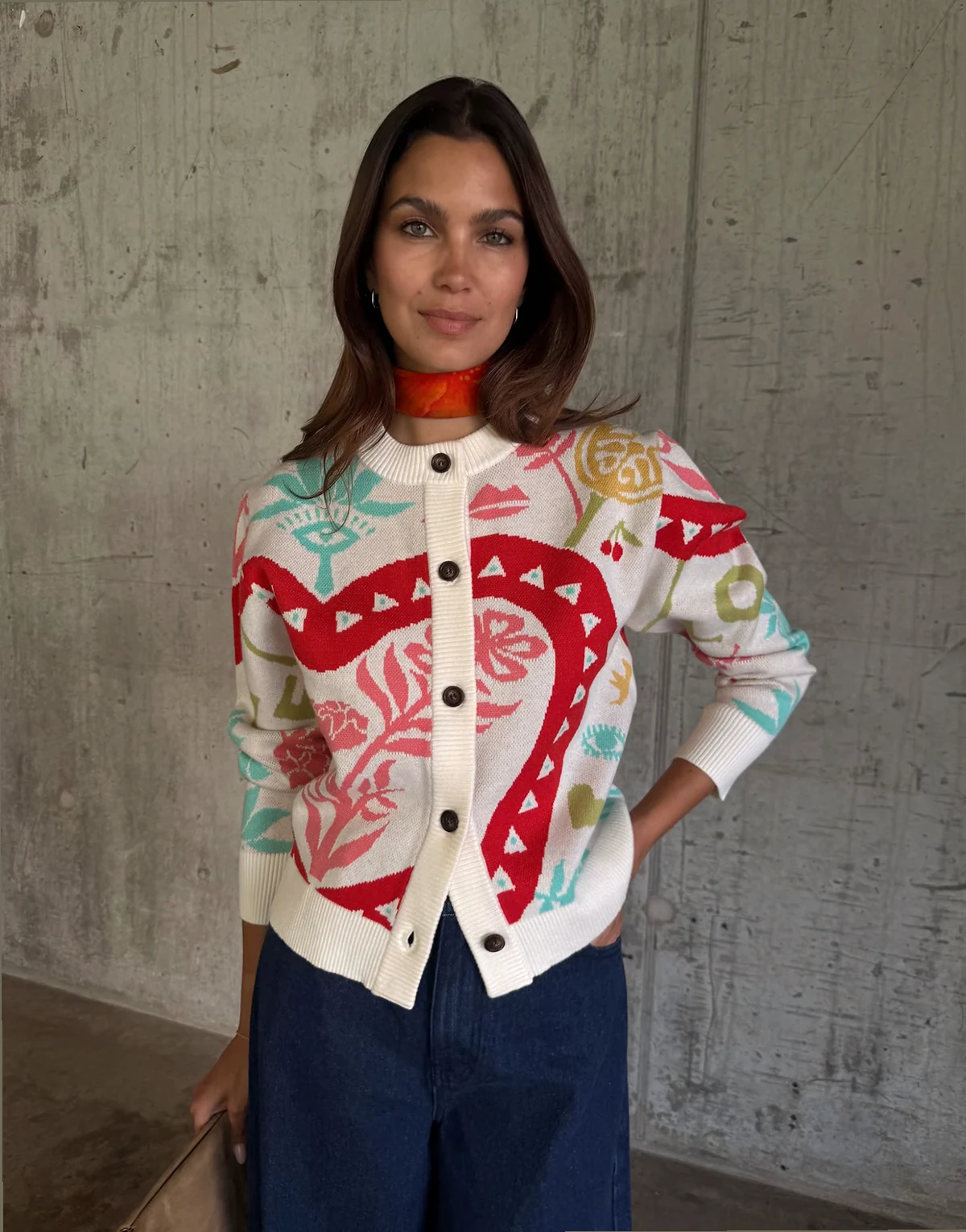 knit crew neck cardigan in bright graphic print