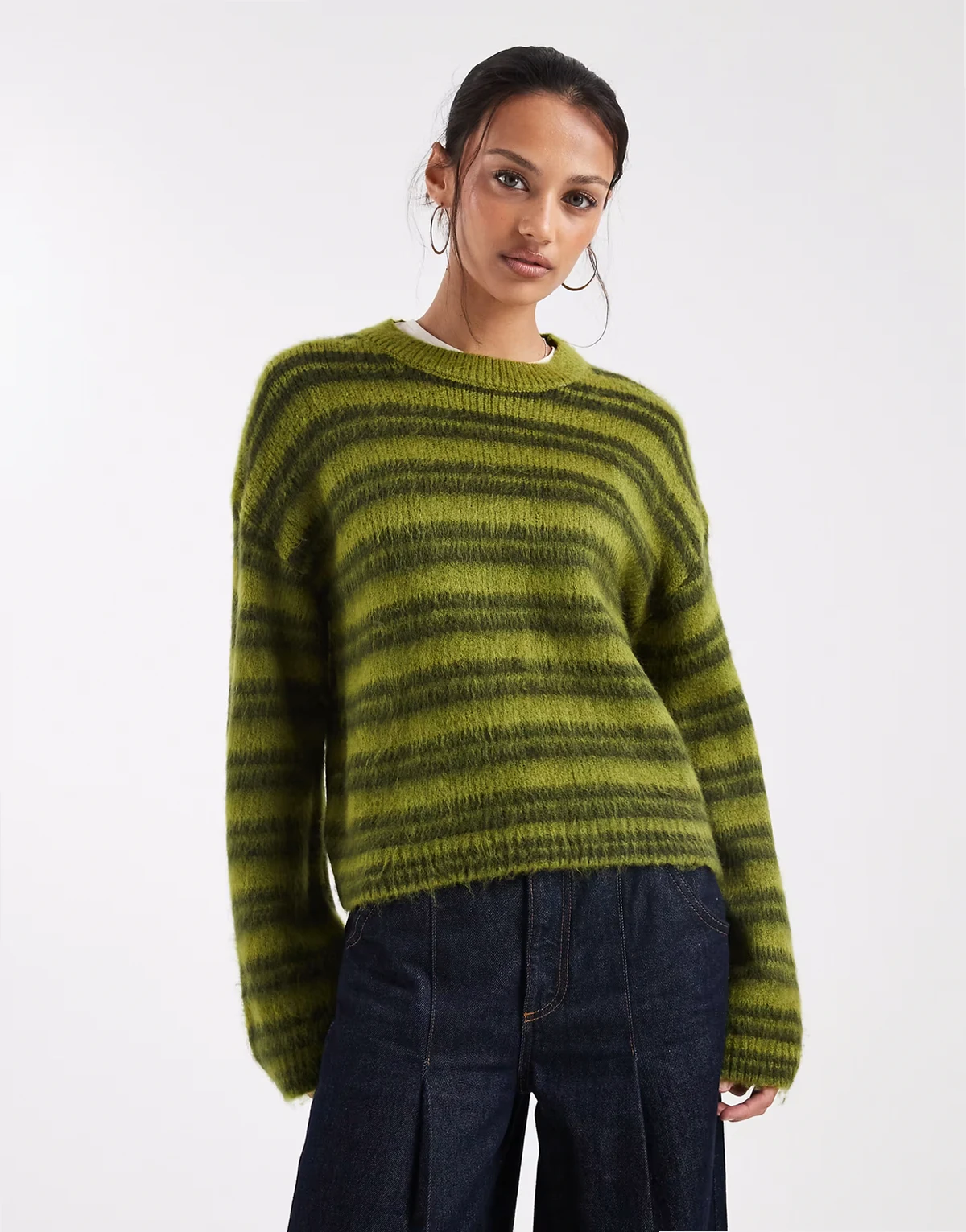 knit sweater in olive brushed stripe