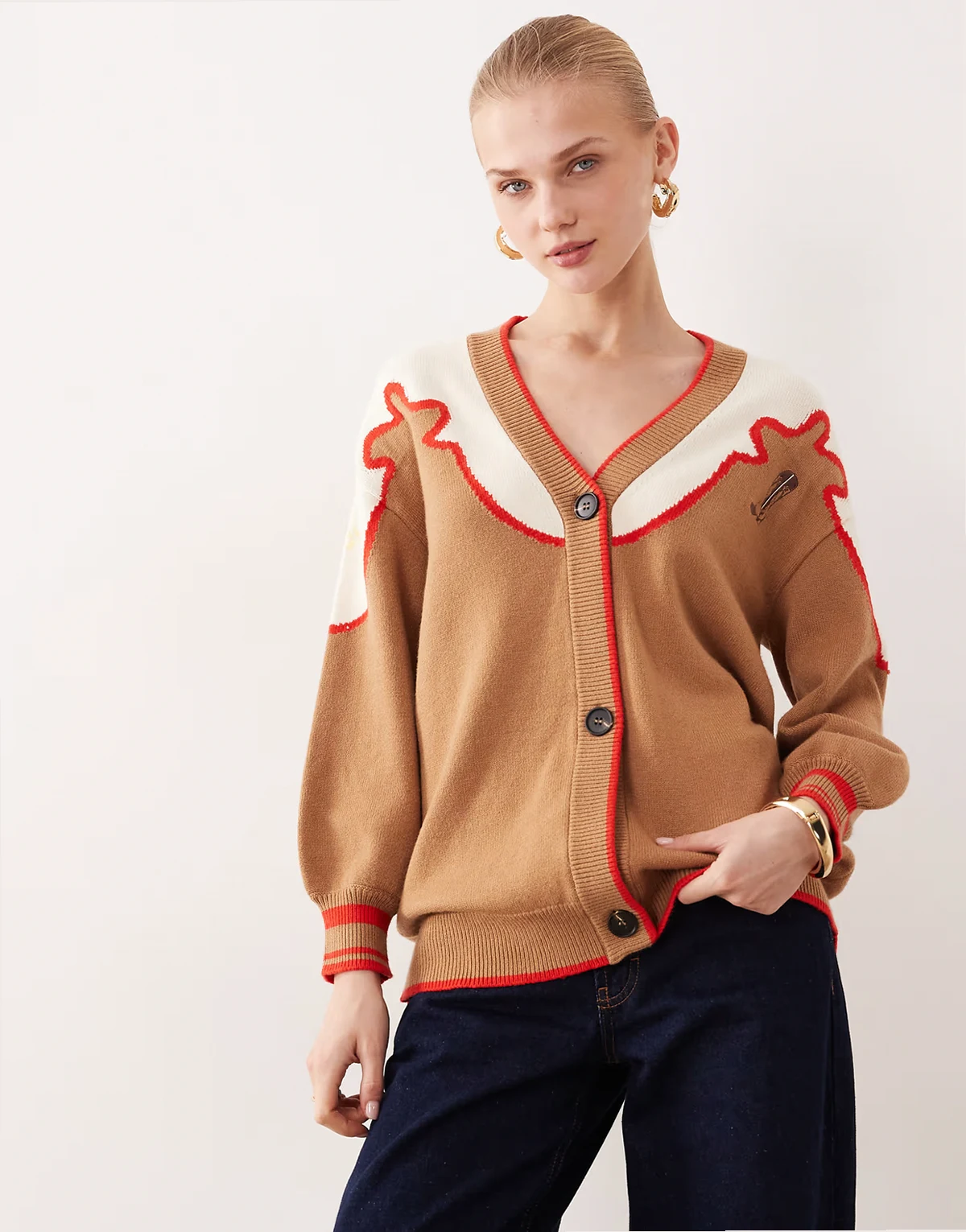 knit longline embroidered cardigan in brown