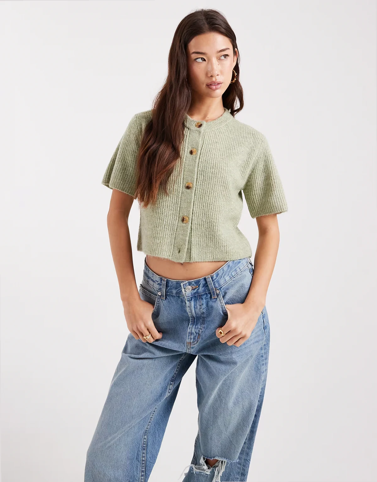 crew neck knit short sleeve cardigan in sage green