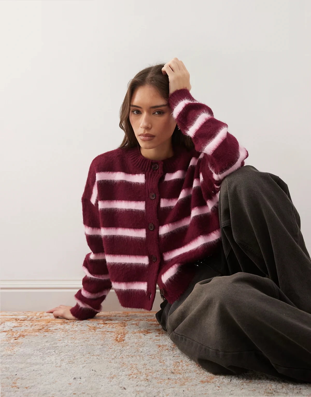 stripe knit cardigan in bright pink