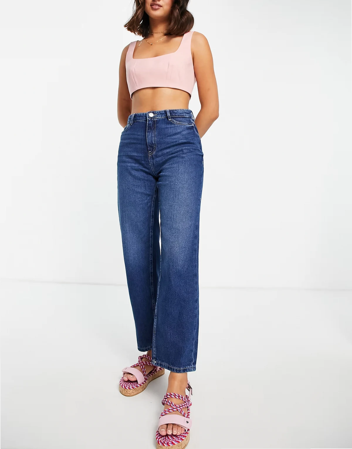 – Premium – Dad-Jeans in Mittelblau mit hohem Bund
