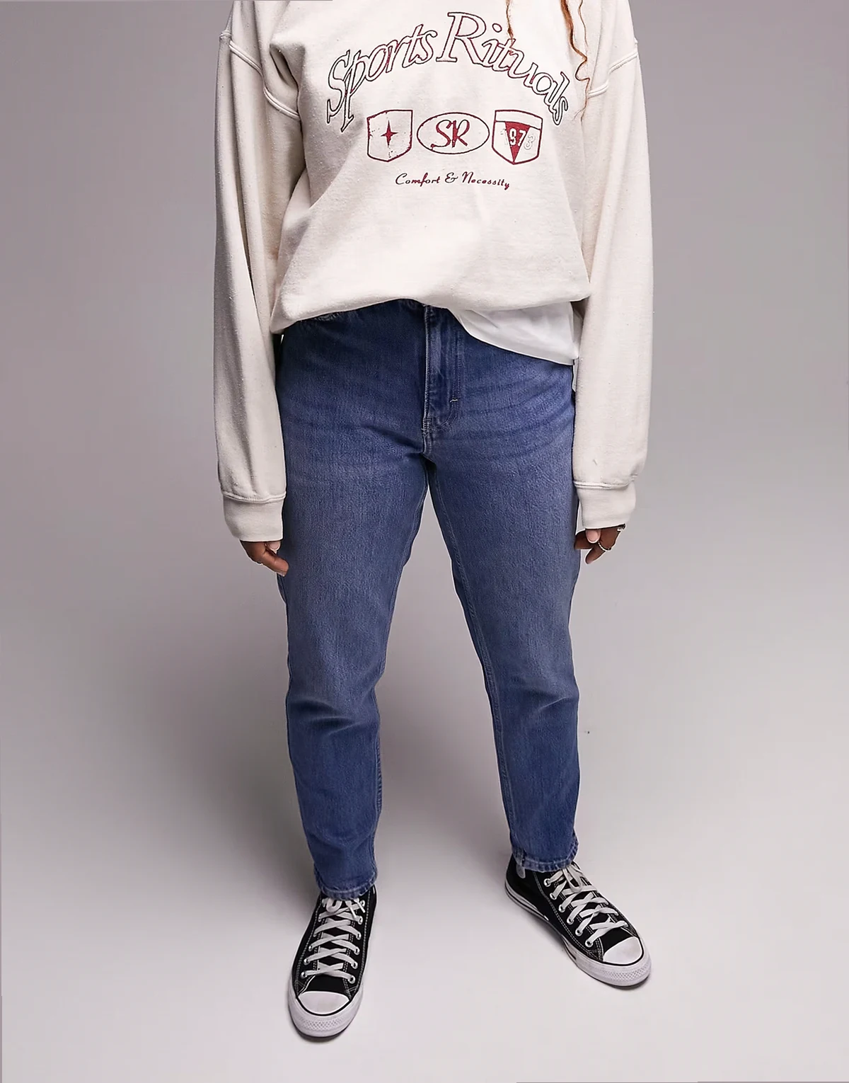 – Original – Mom-Jeans in Mittelblau mit hohem Bund