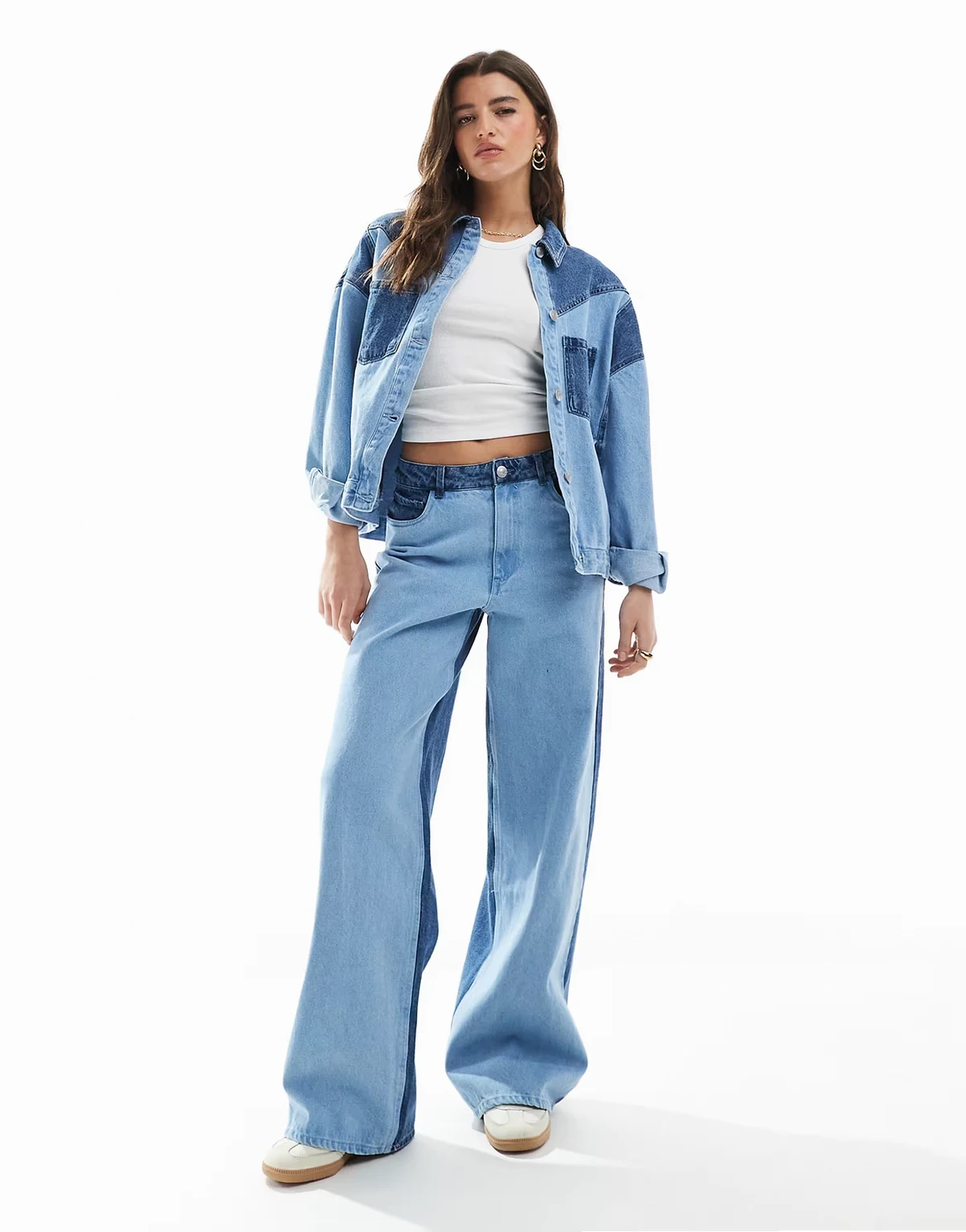 wide leg western detail jeans in light blue wash - part of a set
