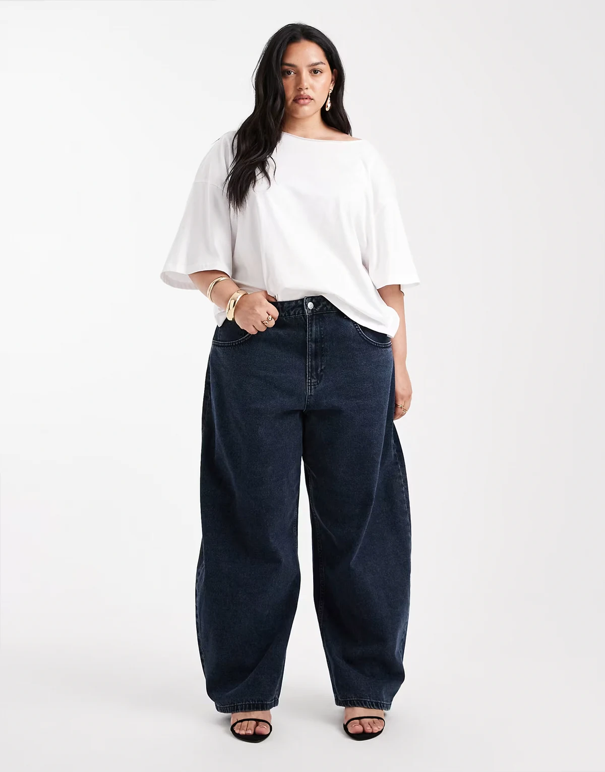 ASOS DESIGN Curve – Niebieskoczarne jeansy barrel z wysokim stanem